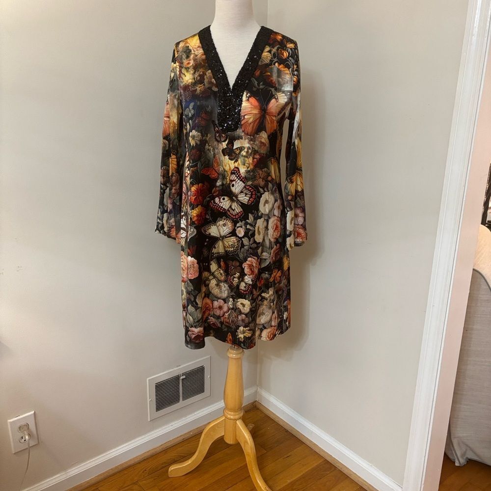 Johnny Was “Judith” sequin floral-print Shift Dress S